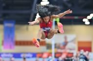 Tara Davis-Woodhall in action during the 2024 USATF Indoor Championships. (Photo by Sam Wasson/Getty Images)